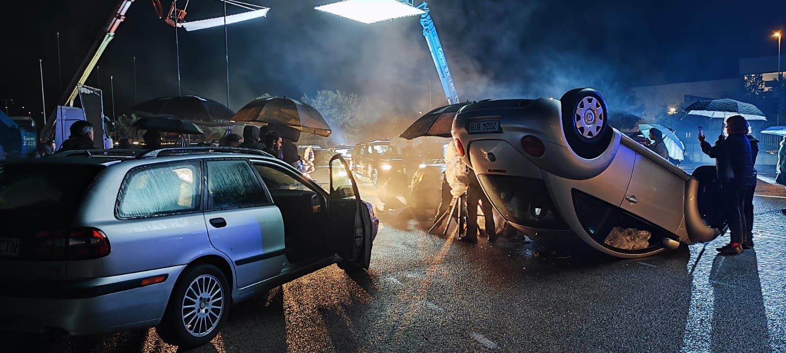 Night exterior shoot with lighting rigs